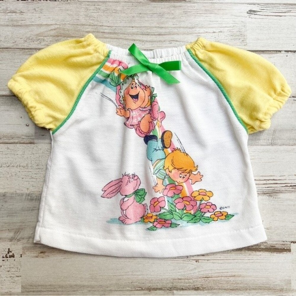 VINTAGE 70s 80s Novelty Character Shirt Top Rainbow Kids Bunny Yellow 12 Months